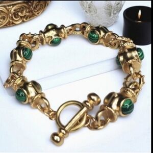 Matte Gold Byzantine Revival Malachite Cabochon Toggle Bracelet